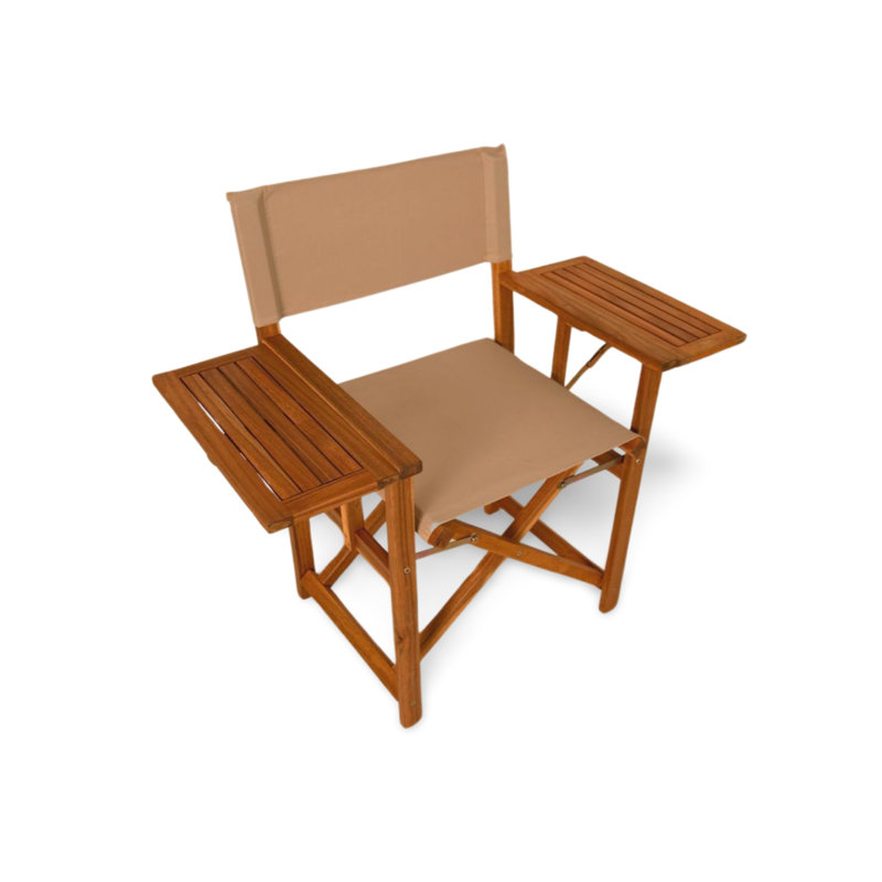 Pentheas Walker Folding Directors Chair with Side Tables Natural Finish Wooden Chair Indoor Outdoor Use Arlmont Co